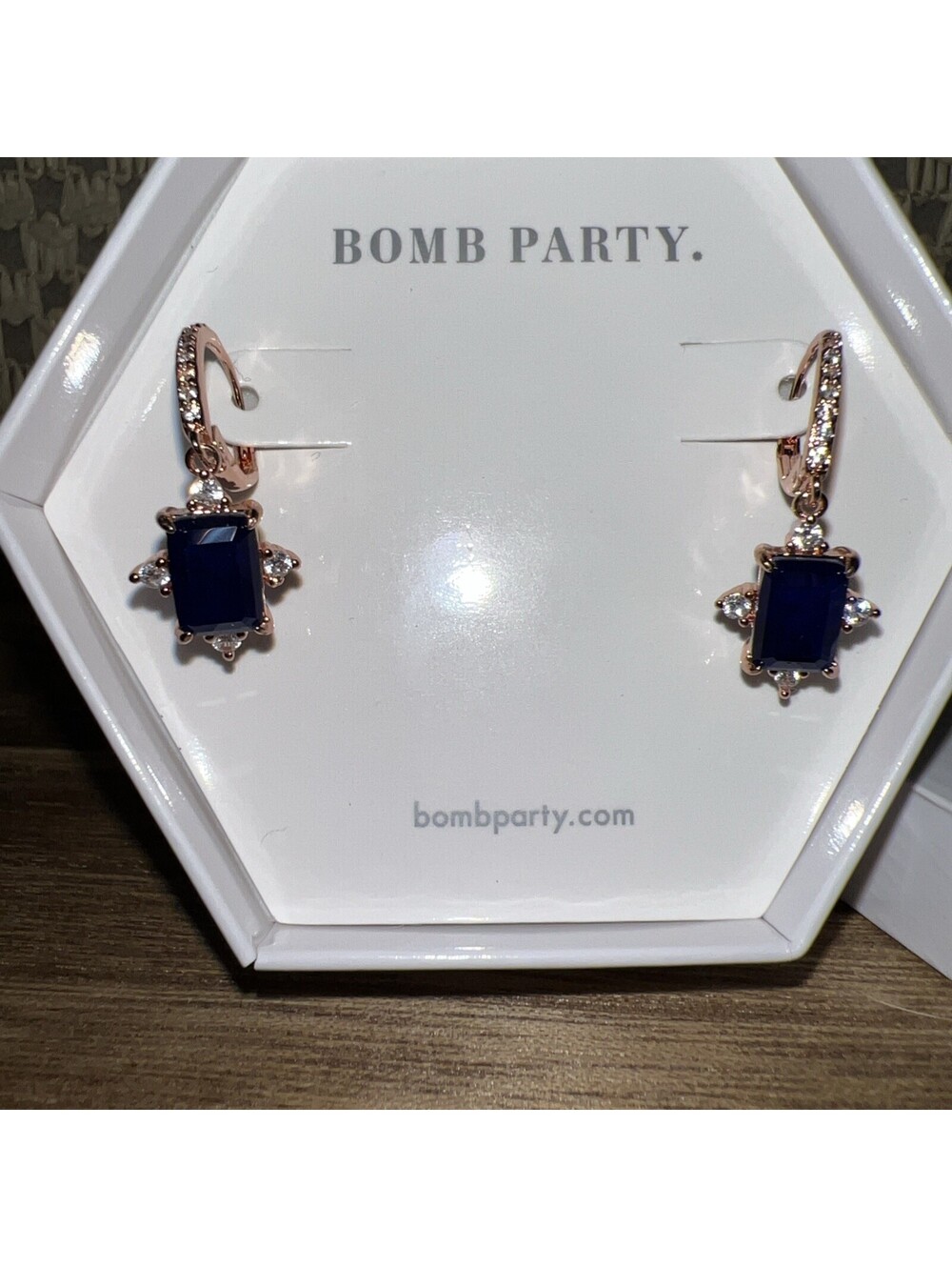 Bomb Party Earrings. Shimmer So Bright. Sapphire. Rose Gold Plating.